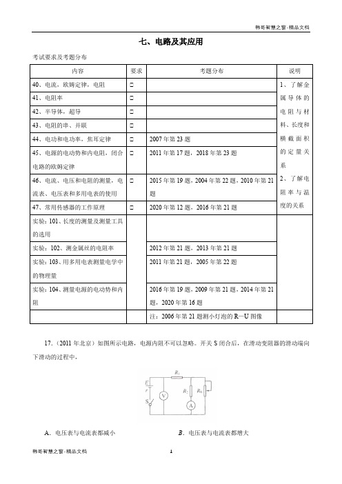 2004-2020北京高考物理试题分类汇编 电路及其应用(原卷版)