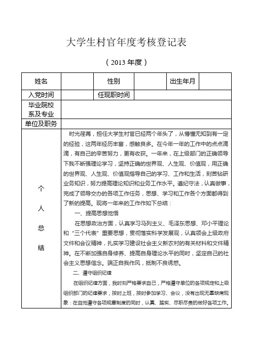 大学生村官年度考核登记表