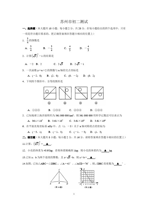 江苏省苏州市2014-2015学年八年级上学期期末调研测试数学试题(无答案)