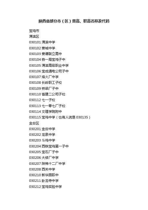 陕西省部分市（区）普高、职高名称及代码