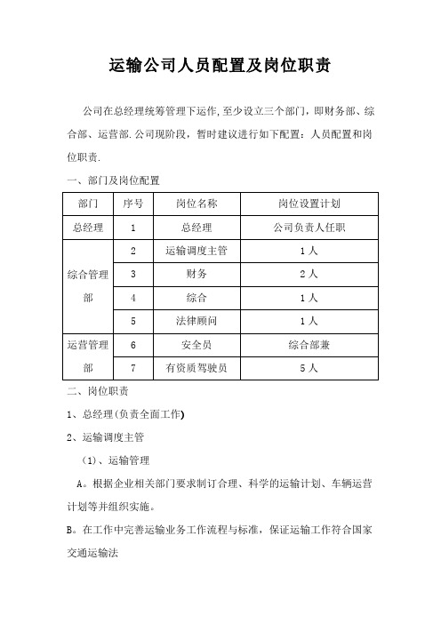 运输公司人员配置及岗位职责