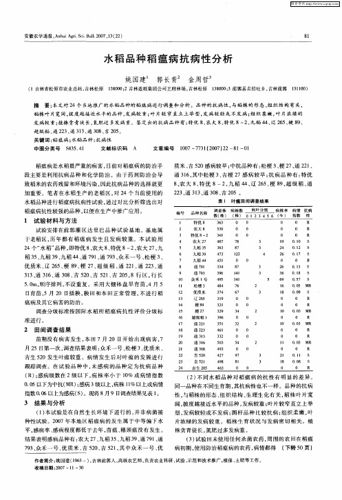 水稻品种稻瘟病抗病性分析