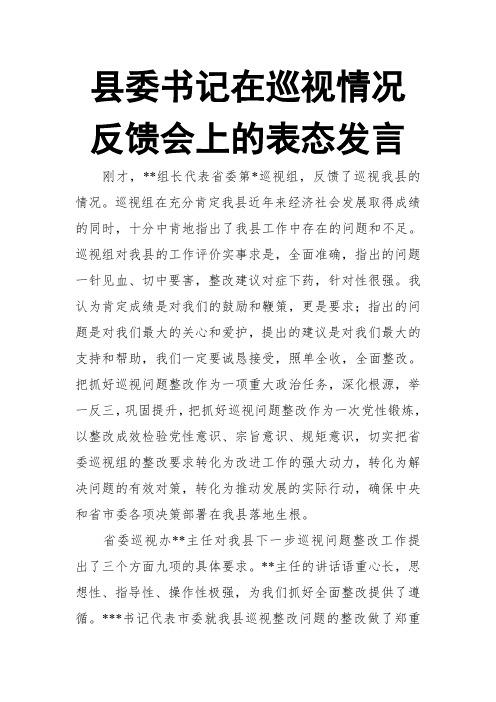 县委书记在巡视情况反馈会上的表态发言