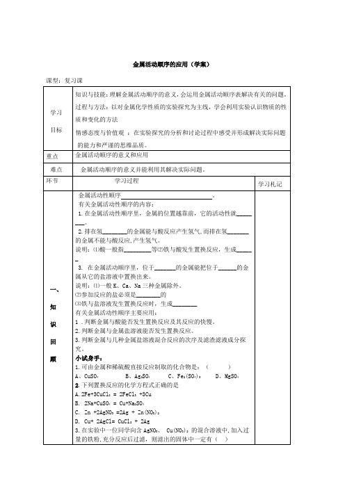 初三化学中考专题复习  金属活动顺序应用 导学案(无答案)