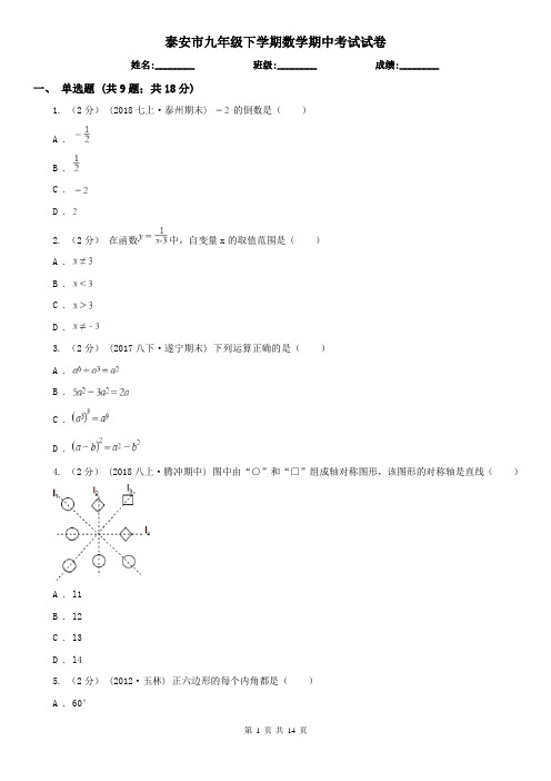 泰安市九年级下学期数学期中考试试卷