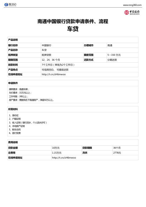 《车贷》南通中国银行-房屋抵押贷款-申请条件、材料、流程、利率