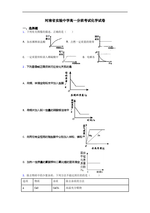 河南省实验中学高一分班考试化学试卷