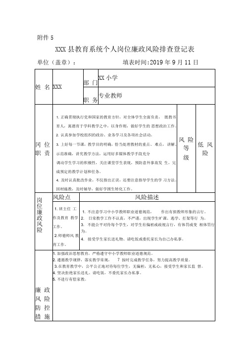 教师个人岗位廉政风险点自查及防控承诺表(例)