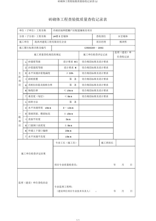 砖砌体工程检验批质量验收记录表(1)