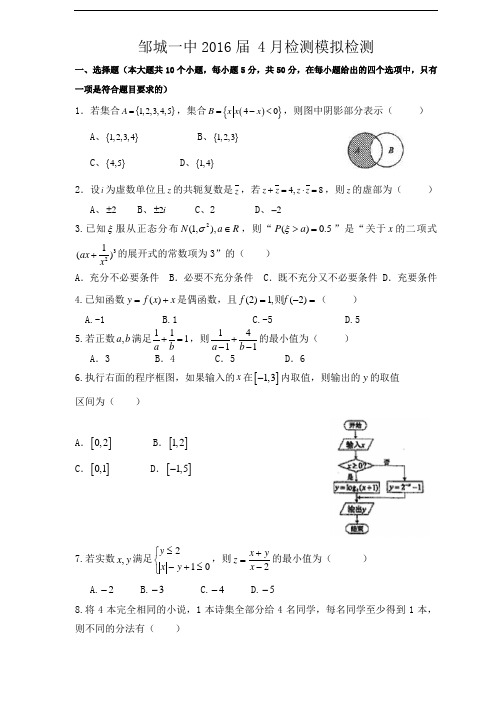 山东省邹城一中2016届高三下学期4月模拟考试数学(理)