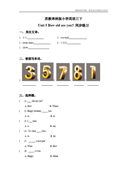 苏教译林版小学英语三下 Unit 5 How old are you 同步练习