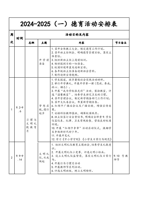 2024-2025德育活动安排表