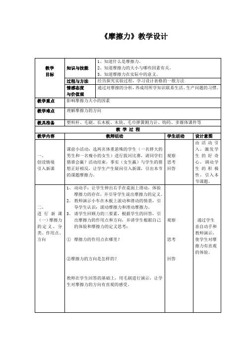 初中物理_摩擦力教学设计学情分析教材分析课后反思