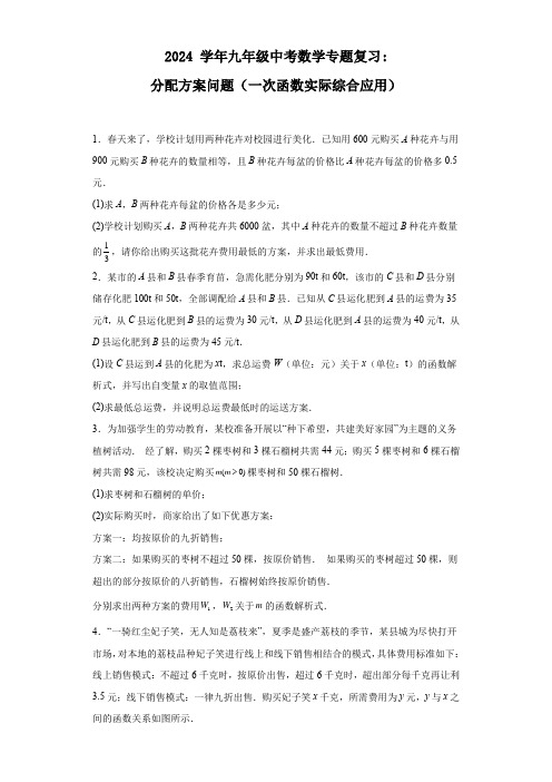 2024学年九年级中考数学专题复习：分配方案问题(一次函数实际综合应用)(含答案)