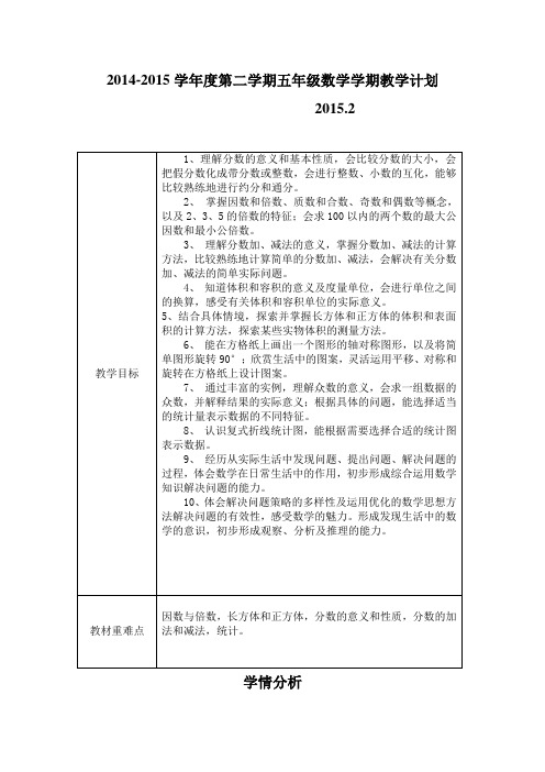 2014-2015学年度人教版五年级数学第二学期教学计划