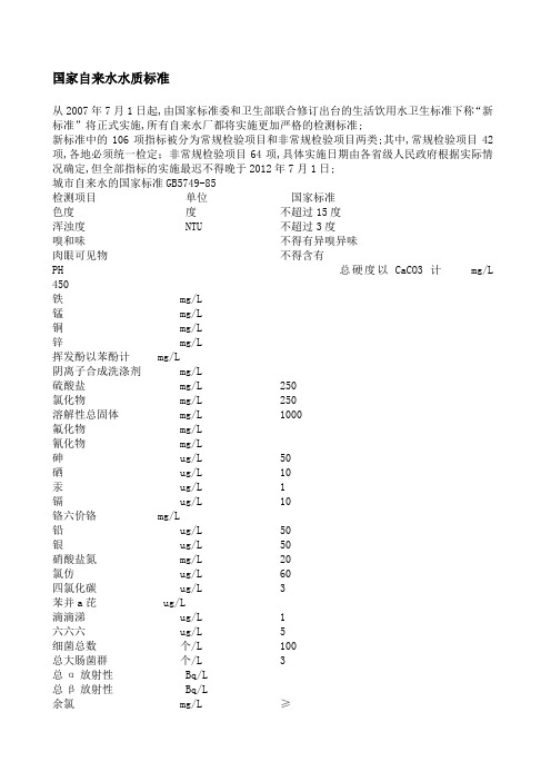 国家自来水水质标准