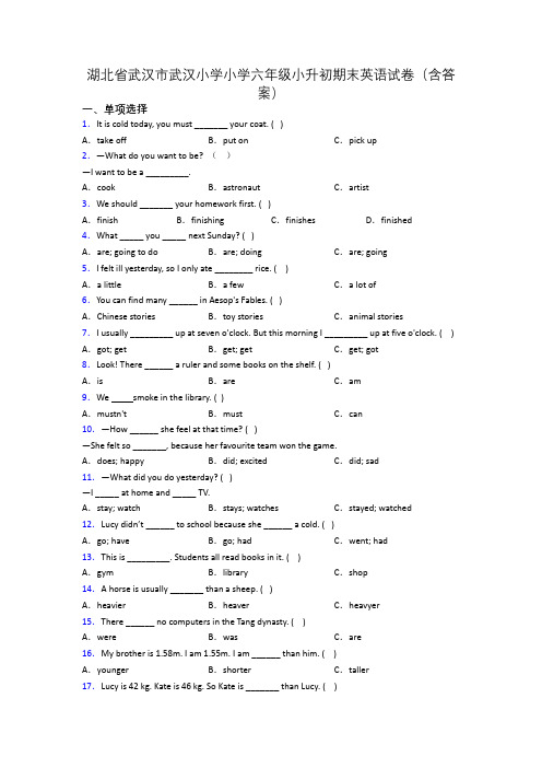 湖北省武汉市武汉小学小学六年级小升初期末英语试卷(含答案)