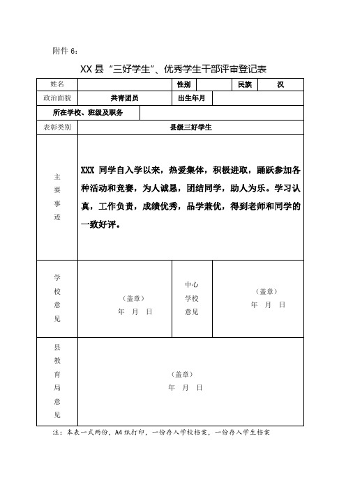 三好学生优秀学生干部评审登记表