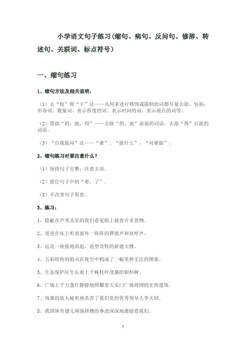 缩句、病句修改、句型转换、反问句、第三人称转述句、关联词、标点符号