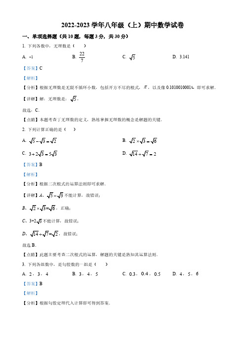 广东省深圳市罗湖区2022-2023学年八年级上学期期中考试 数学试卷 (解析版)