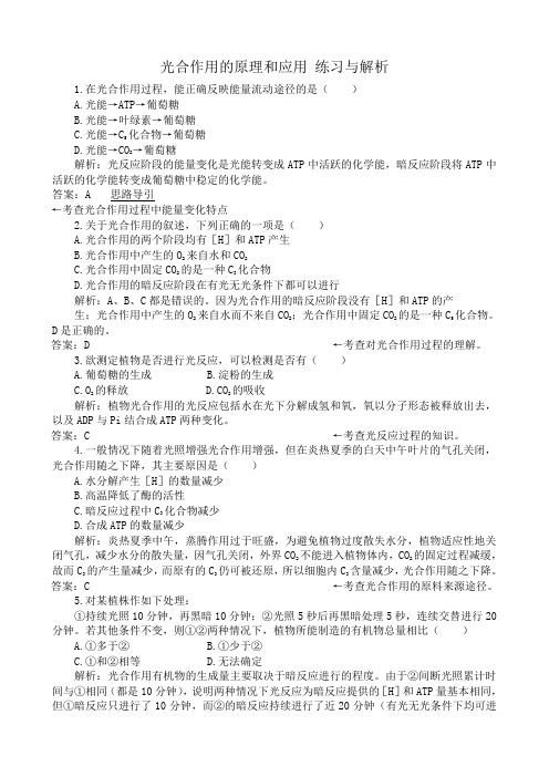 新人教版高中生物必修1光合作用的原理和应用 练习与解析