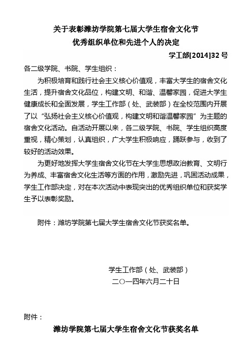 关于表彰潍坊学院第七届大学生宿舍文化节