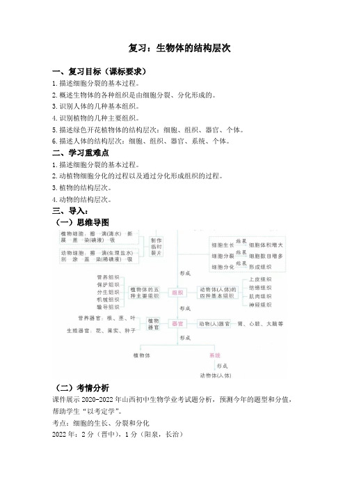 2023年山西省初中生物中考复习：生物体的结构层次  导学案