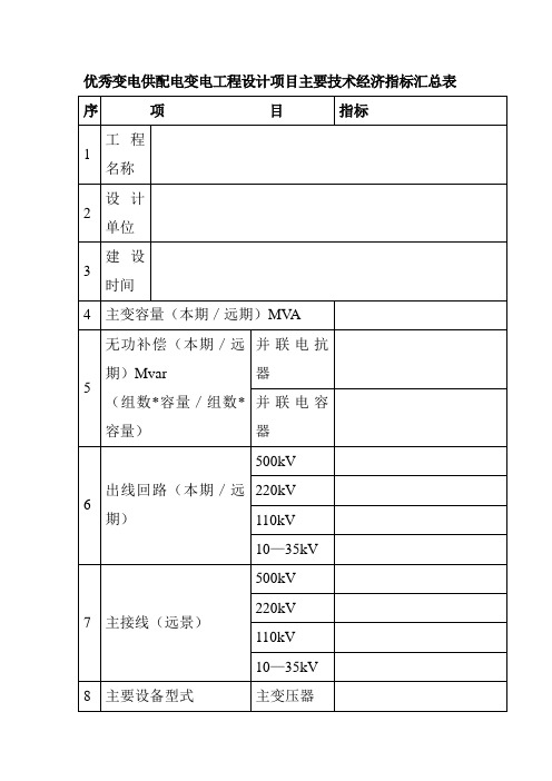 优秀变电供配电变电工程设计项目主要技术经济指标汇总表