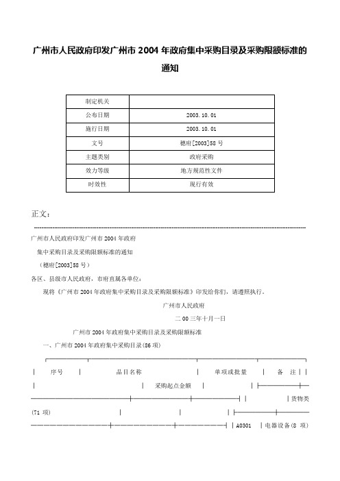 广州市人民政府印发广州市2004年政府集中采购目录及采购限额标准的通知-穗府[2003]58号