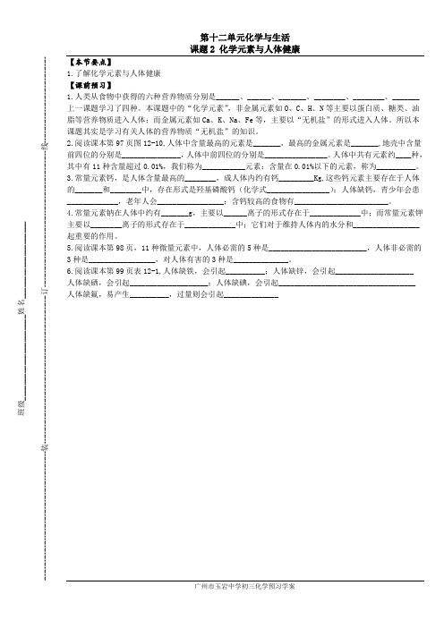 12.2广州市玉岩中学初三化学校本学案和校本作业_第12单元化学与生活_课题2 化学元素与人体健康