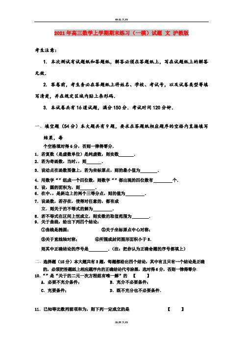 2021年高三数学上学期期末练习(一模)试题 文 沪教版