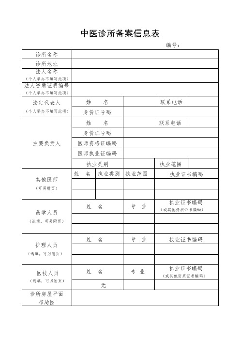 全国通用中医诊所备案申请表