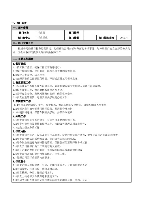 行政部岗位说明书