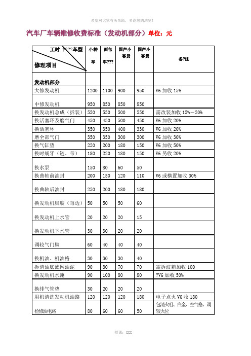 汽车维修价格表