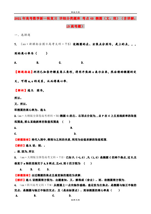 2021年高考数学新一轮复习 详细分类题库 考点40 椭圆(文、理)(含详解,13高考题) 