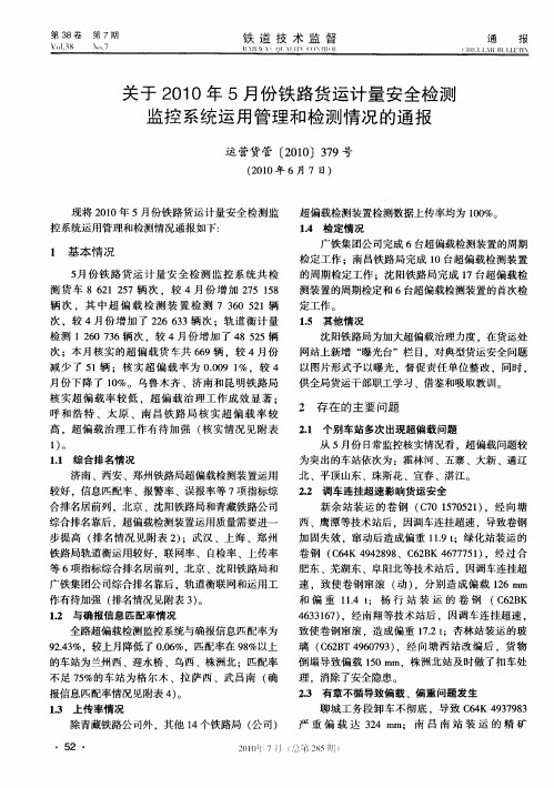 关于2010年5月份铁路货运计量安全检测监控系统运用管理和检测情况的通报