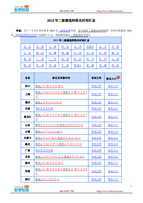 2013年二级建造师报名时间汇总