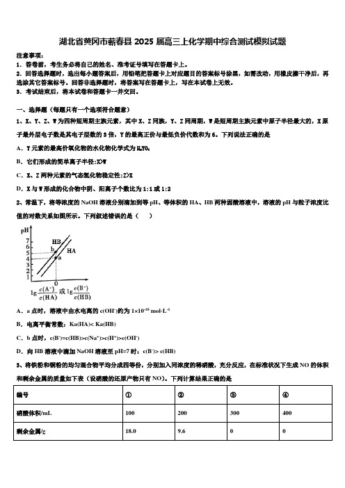 湖北省黄冈市蕲春县2025届高三上化学期中综合测试模拟试题含解析