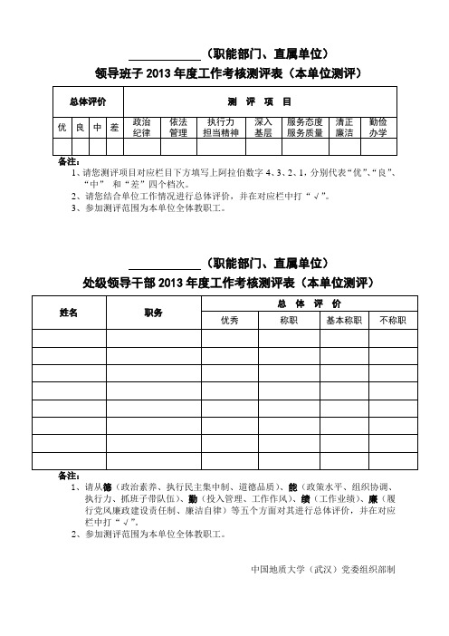 职能部门、直属单位(含科研机构)领导班子及处级领导干部工作考核测评表(本单位测评)