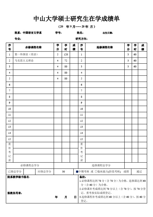 中山大学硕士研究生在学成绩单