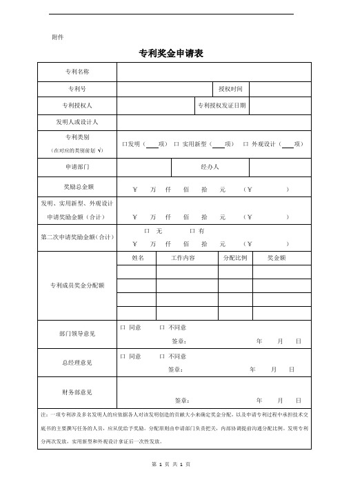 专利奖金申请表