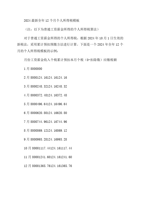 2024最新全年12个月个人所得个税模板