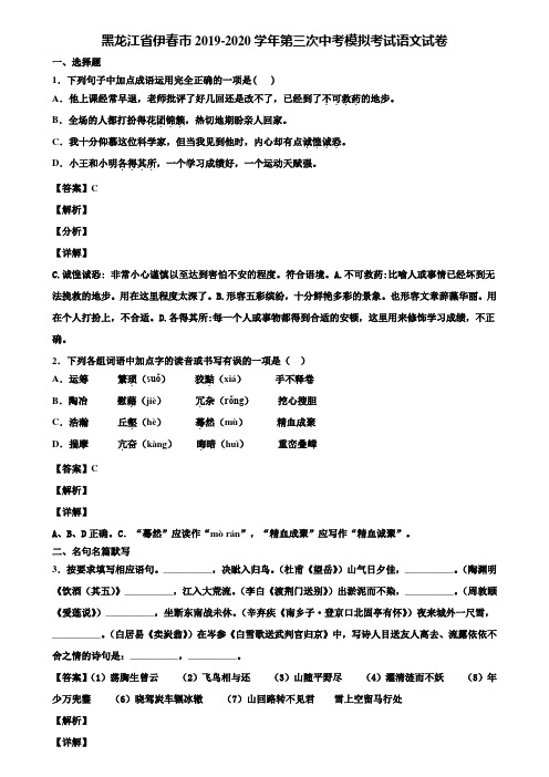 黑龙江省伊春市2019-2020学年第三次中考模拟考试语文试卷含解析