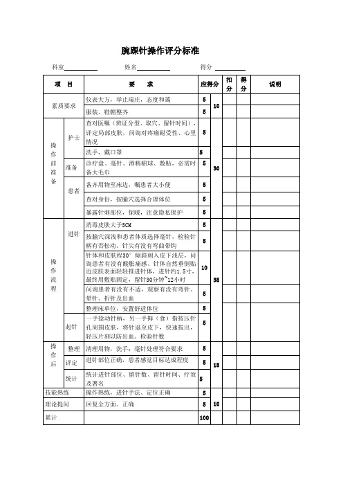 腕踝针操作评分标准