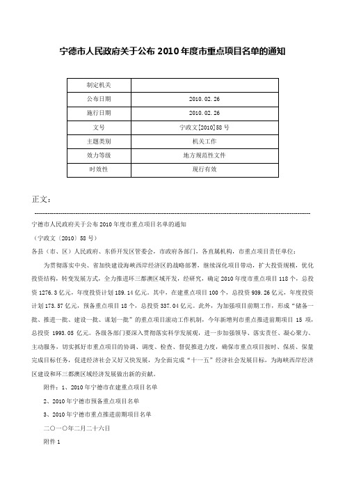 宁德市人民政府关于公布2010年度市重点项目名单的通知-宁政文[2010]58号