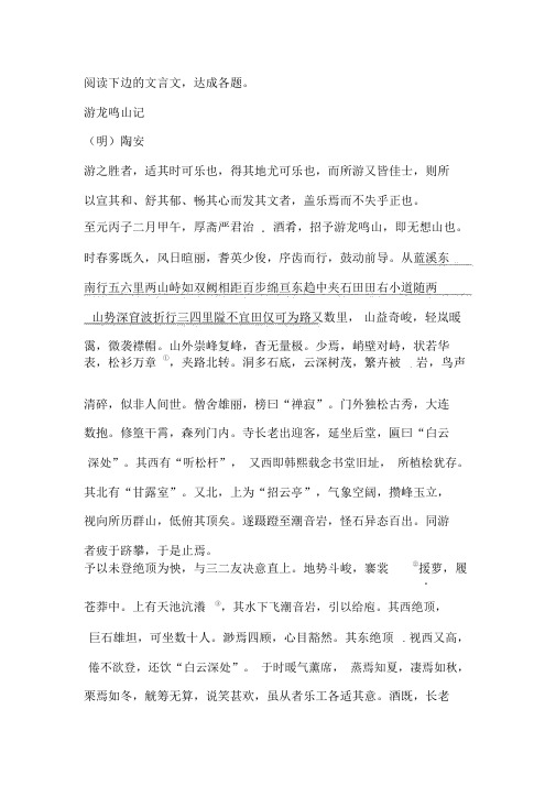 《游龙鸣山记》阅读练习及答案