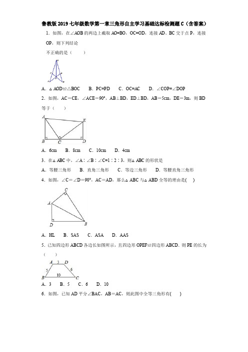 鲁教版2019七年级数学第一章三角形自主学习基础达标检测题C(含答案)