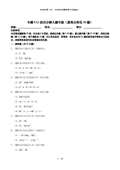 苏科版七年级数学下册尖子生培优  专题9.11因式分解大题专练(重难点培优30题)(原卷版+解析)