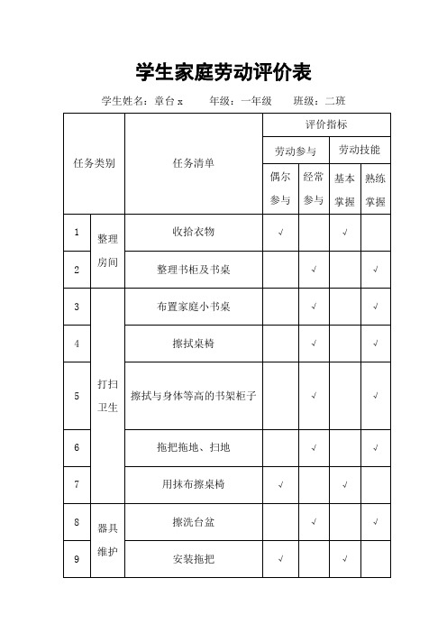 一年级学生家庭劳动评价表