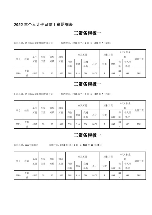 2022年个人计件日结工资明细表